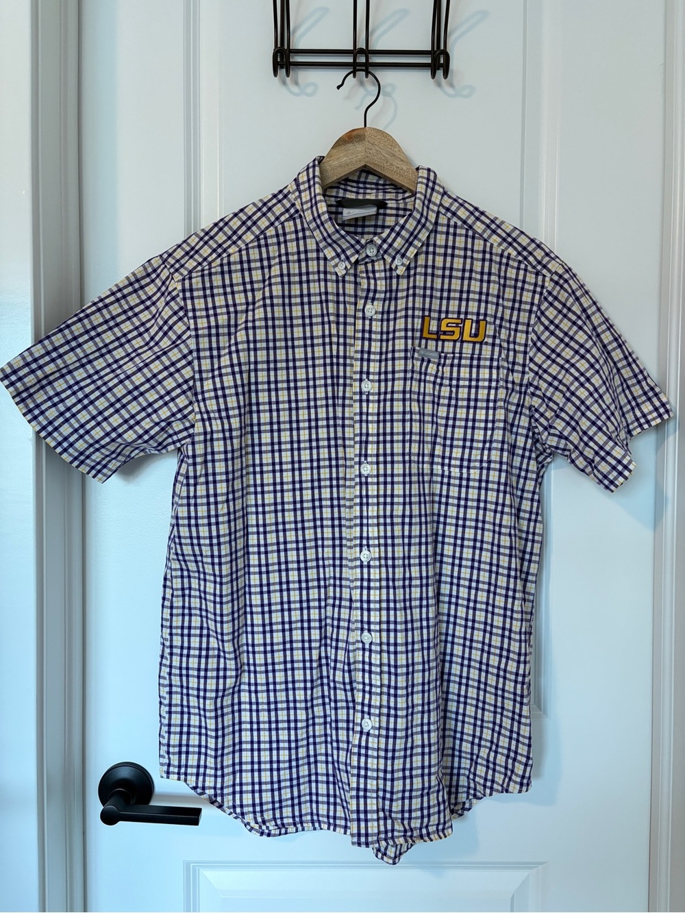 Columbia Purple and White Plaid LSU Short-Sleeve Button-Down Shirt